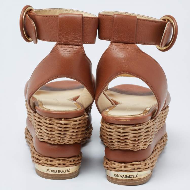Pre Owned Paloma Barceló Brown Leather Basket Weave Platform Ankle-Strap Sandals Size 35
