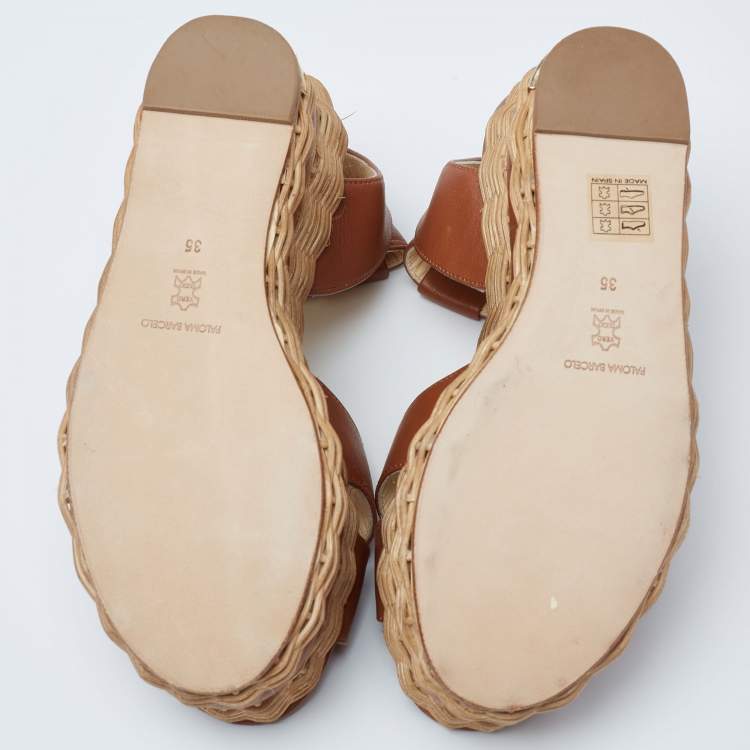 Pre Owned Paloma Barceló Brown Leather Basket Weave Platform Ankle-Strap Sandals Size 35