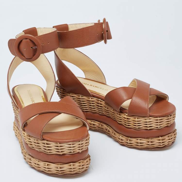 Pre Owned Paloma Barceló Brown Leather Basket Weave Platform Ankle-Strap Sandals Size 35