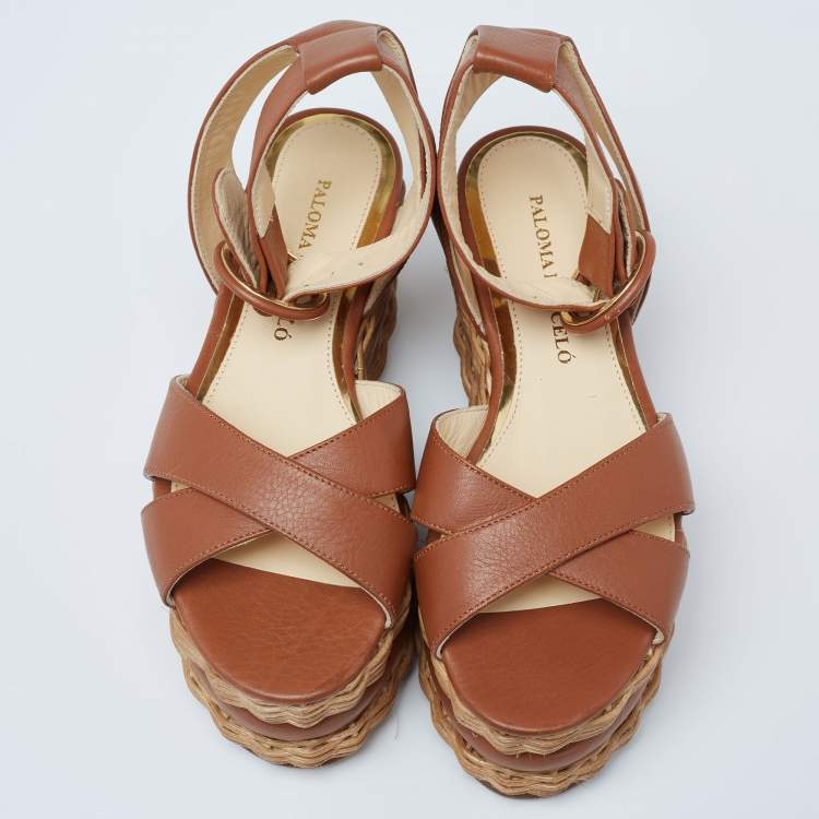 Pre Owned Paloma Barceló Brown Leather Basket Weave Platform Ankle-Strap Sandals Size 35