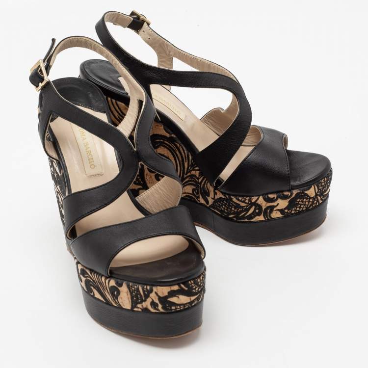 Pre Owned Paloma Barceló Black Leather Embroidered Cork Wedge Platform Sandals Size 37