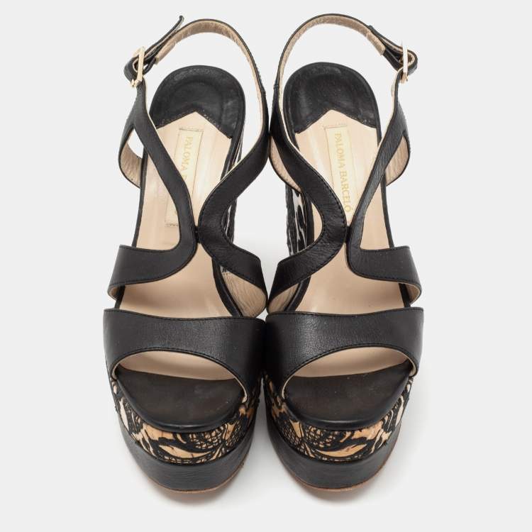 Pre Owned Paloma Barceló Black Leather Embroidered Cork Wedge Platform Sandals Size 37