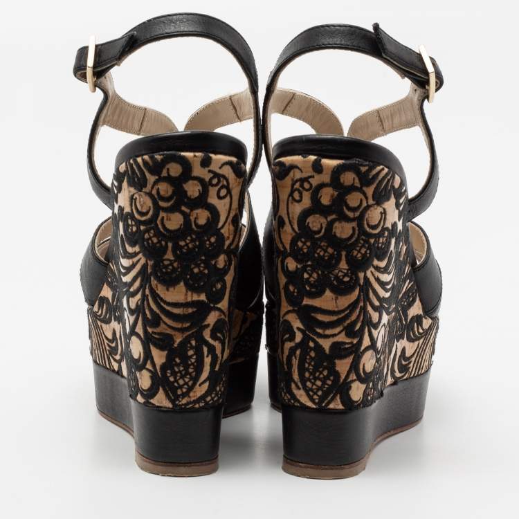 Pre Owned Paloma Barceló Black Leather Embroidered Cork Wedge Platform Sandals Size 37