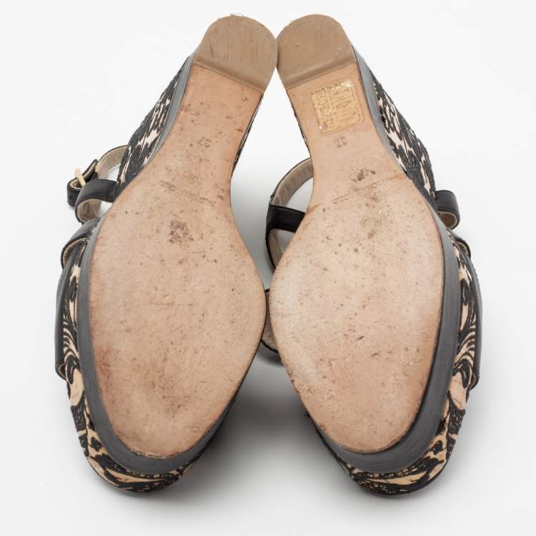 Pre Owned Paloma Barceló Black Leather Embroidered Cork Wedge Platform Sandals Size 37