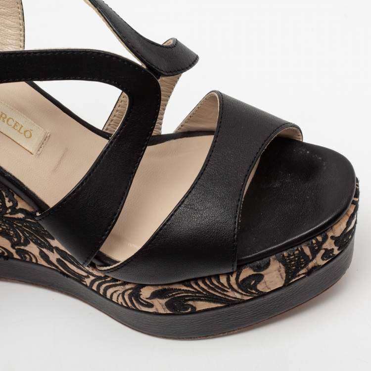 Pre Owned Paloma Barceló Black Leather Embroidered Cork Wedge Platform Sandals Size 37