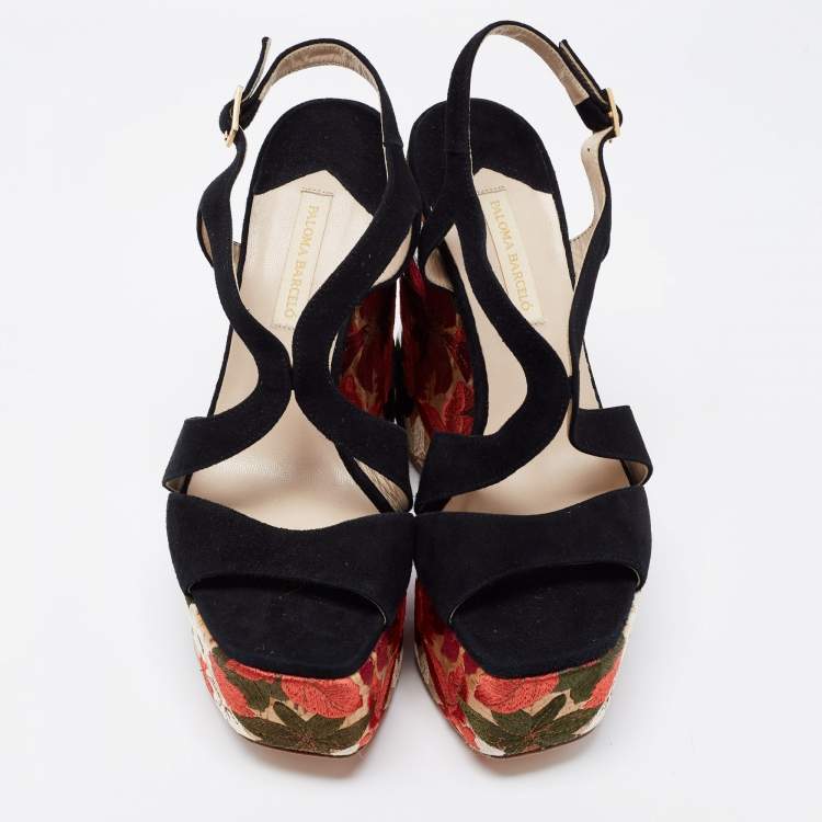 Pre Owned Paloma Barceló Black Suede Embroidered Platform Block Heel Sandals Size 40