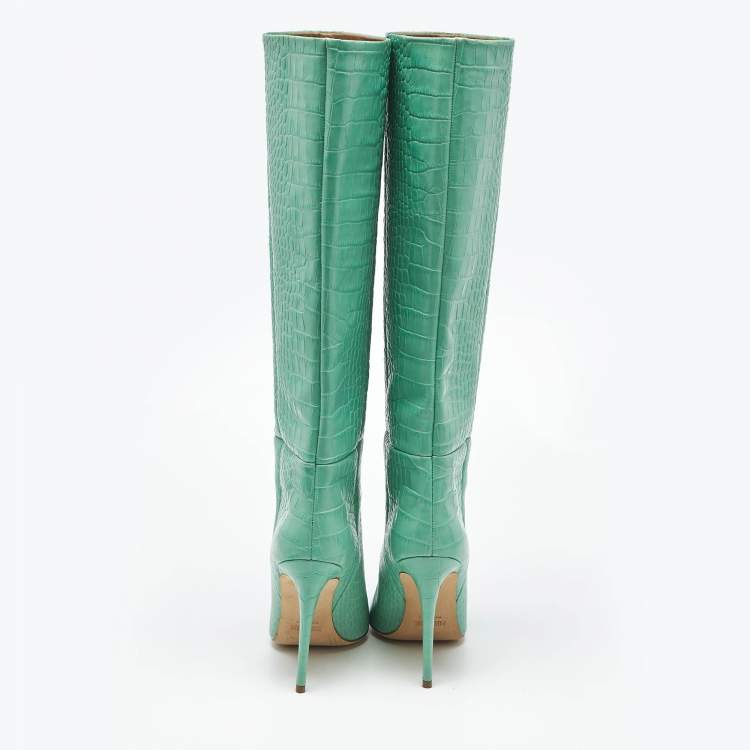 Pre Owned Paris Texas Green Croc Embossed Leather Wasabi Knee Length Boots Size 39