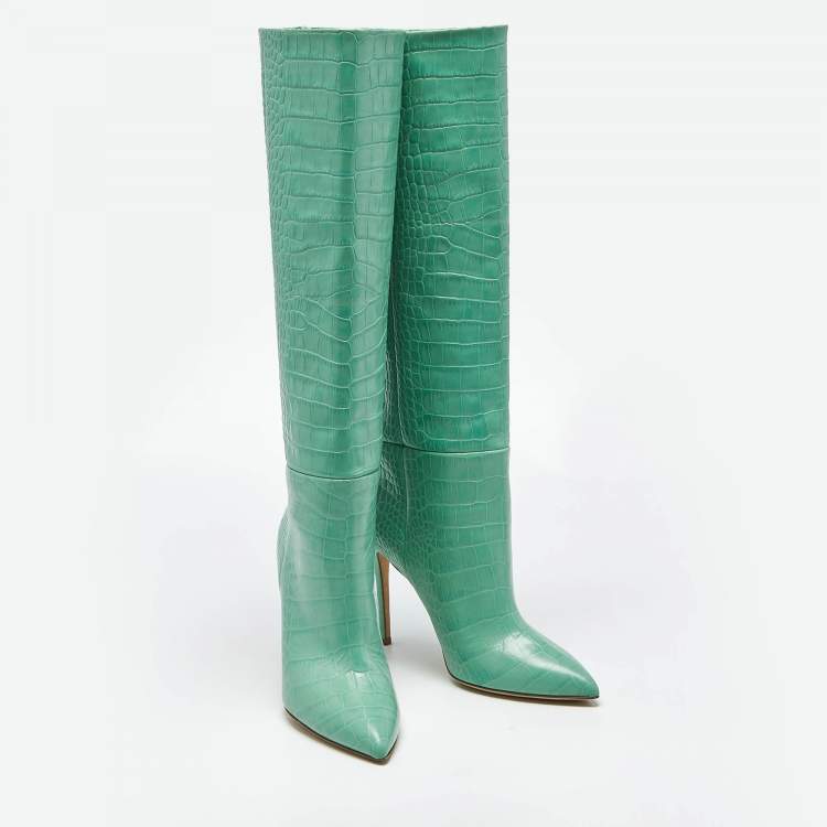 Pre Owned Paris Texas Green Croc Embossed Leather Wasabi Knee Length Boots Size 39