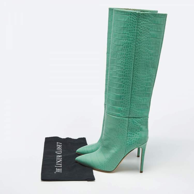 Pre Owned Paris Texas Green Croc Embossed Leather Wasabi Knee Length Boots Size 39