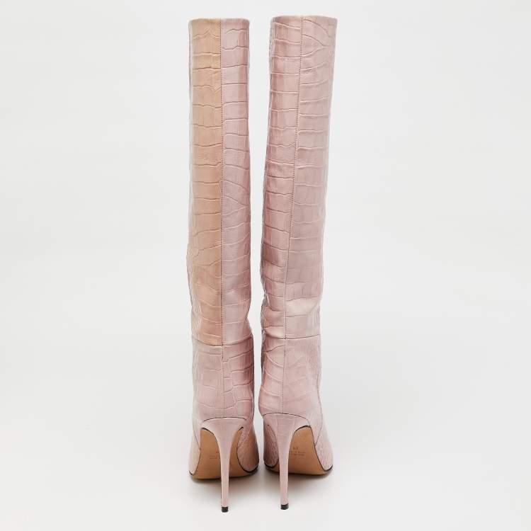 Pre Owned Paris Texas Pink Croc Embossed Leather Knee Length Boots Size 39