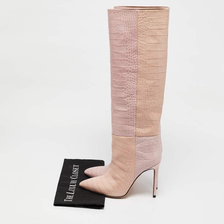 Pre Owned Paris Texas Pink Croc Embossed Leather Knee Length Boots Size 39