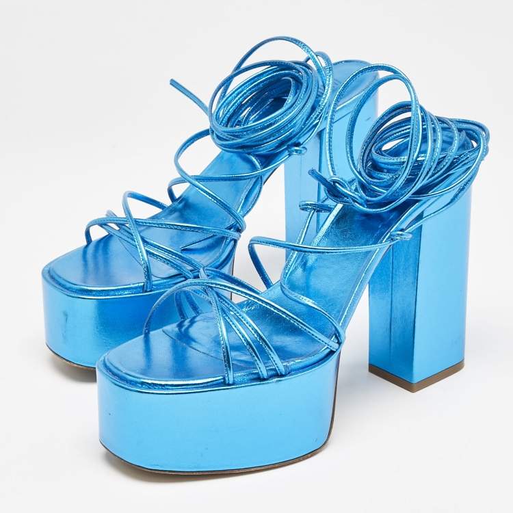 Pre Owned Paris Texas Blue Leather Platform Lace Up Sandals Size 39