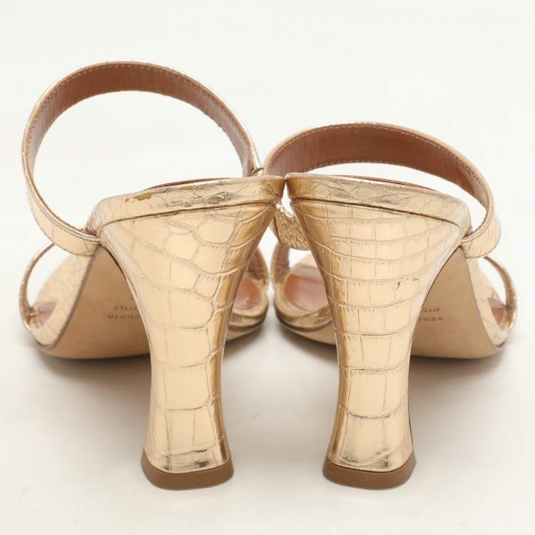Pre Owned Paris Texas Gold Croc Embossed Leather Slide Sandals Size 36.5