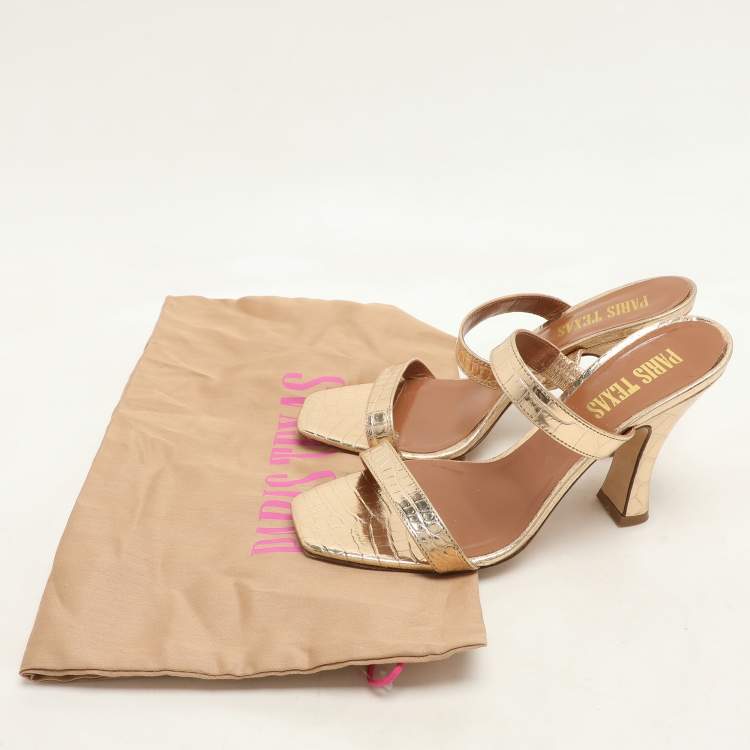 Pre Owned Paris Texas Gold Croc Embossed Leather Slide Sandals Size 36.5
