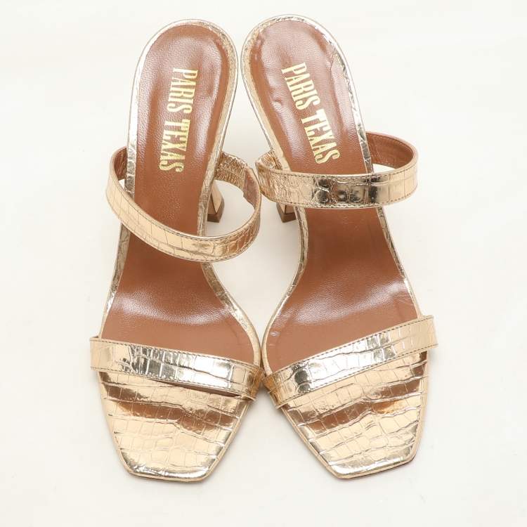 Pre Owned Paris Texas Gold Croc Embossed Leather Slide Sandals Size 36.5