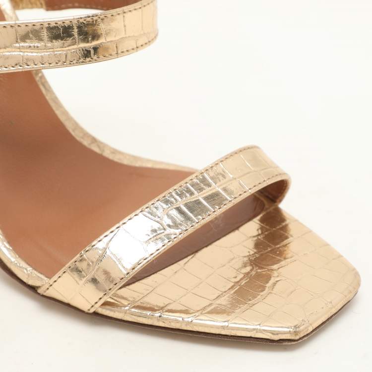 Pre Owned Paris Texas Gold Croc Embossed Leather Slide Sandals Size 36.5