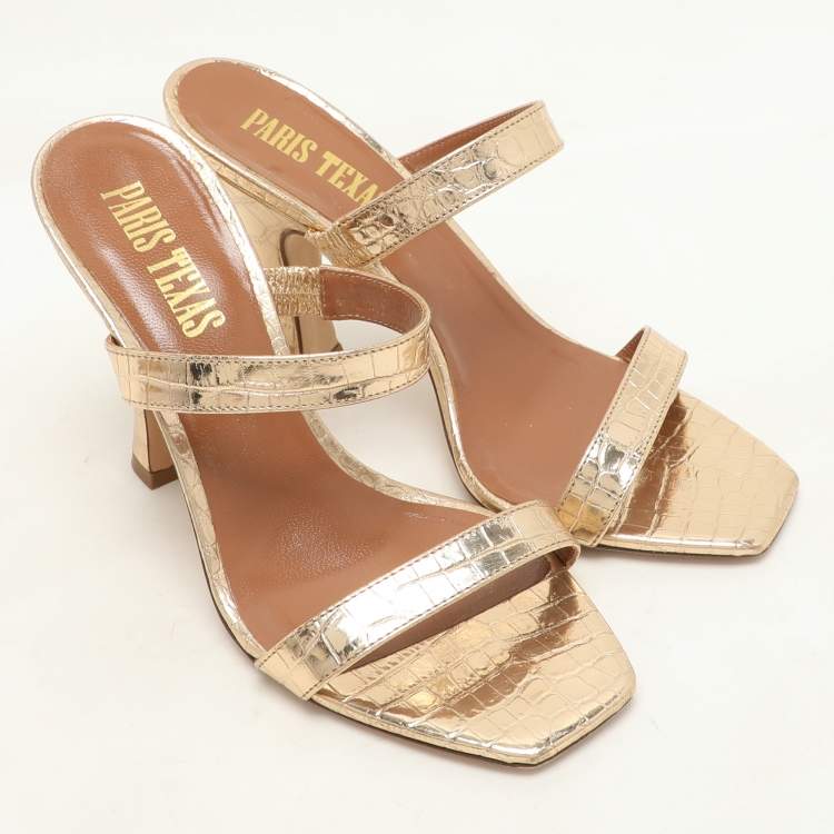 Pre Owned Paris Texas Gold Croc Embossed Leather Slide Sandals Size 36.5