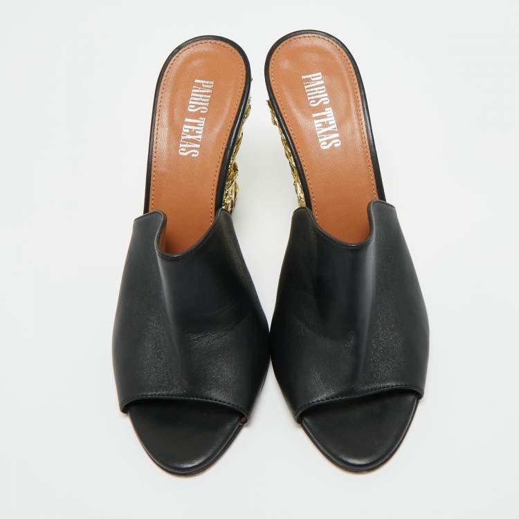 Pre Owned Paris Texas Black Leather Deia Wedge Sandals Size 38.5