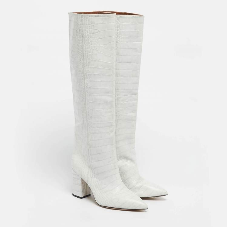 Pre Owned Paris Texas Green Croc Embossed Leather Knee Length Boots Size 39