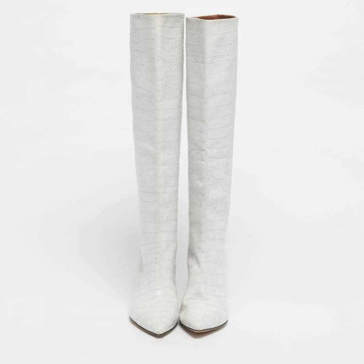 Pre Owned Paris Texas Green Croc Embossed Leather Knee Length Boots Size 39