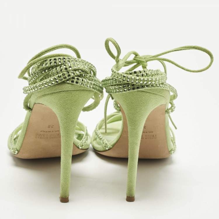 Pre Owned Paris Texas Size 39 Green Suede Crystal Embellished Ankle Strap Sandals