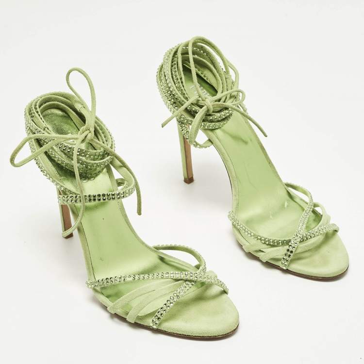 Pre Owned Paris Texas Size 39 Green Suede Crystal Embellished Ankle Strap Sandals