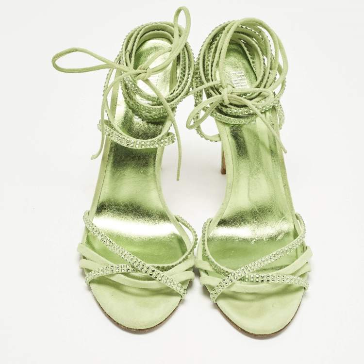 Pre Owned Paris Texas Size 39 Green Suede Crystal Embellished Ankle Strap Sandals