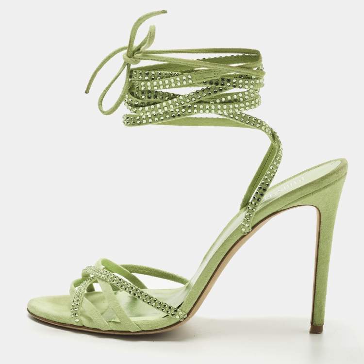 Pre Owned Paris Texas Size 39 Green Suede Crystal Embellished Ankle Strap Sandals