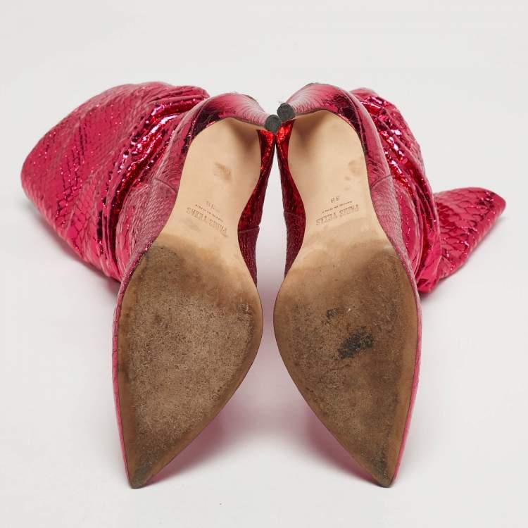 Pre Owned Paris Texas Size 38 Metallic Python Embossed Leather Mid Calf Boots