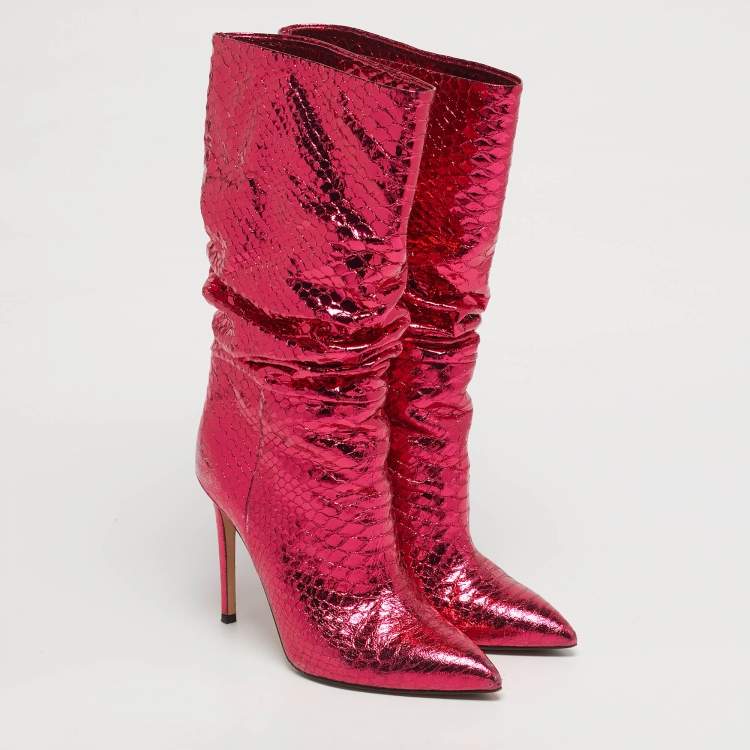 Pre Owned Paris Texas Size 38 Metallic Python Embossed Leather Mid Calf Boots