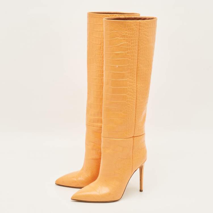 Pre Owned Paris Texas Deia Size 38 Orange Croc Embossed Leather Knee Length Boots