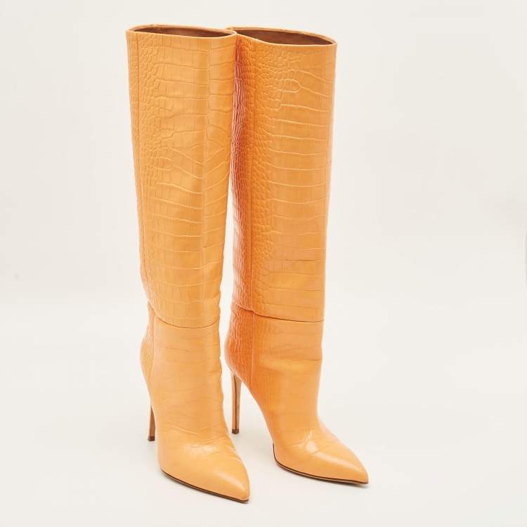 Pre Owned Paris Texas Deia Size 38 Orange Croc Embossed Leather Knee Length Boots