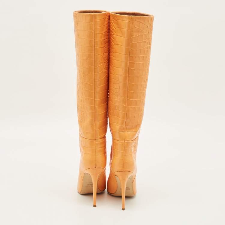 Pre Owned Paris Texas Deia Size 38 Orange Croc Embossed Leather Knee Length Boots