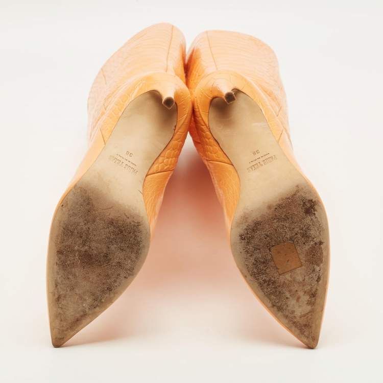 Pre Owned Paris Texas Deia Size 38 Orange Croc Embossed Leather Knee Length Boots