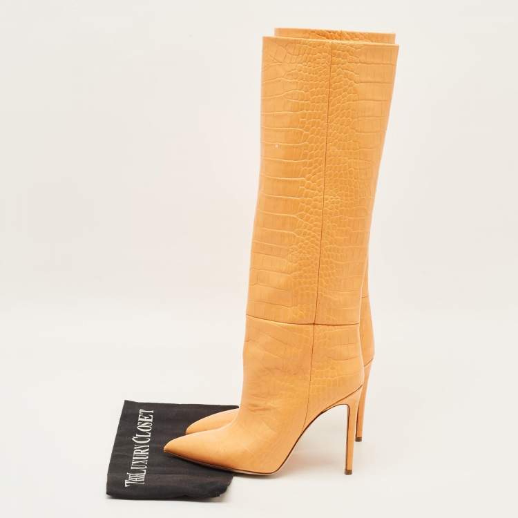 Pre Owned Paris Texas Deia Size 38 Orange Croc Embossed Leather Knee Length Boots