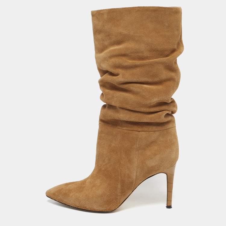 Pre Owned Paris Texas Slouchy Size 36 Beige Croc Embossed Leather and Suede Mid Calf Boots