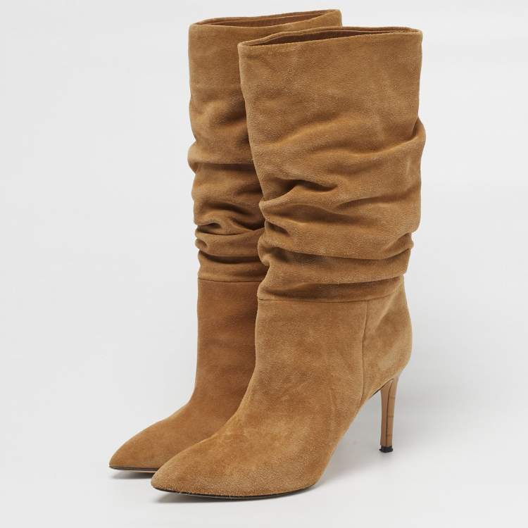 Pre Owned Paris Texas Slouchy Size 36 Beige Croc Embossed Leather and Suede Mid Calf Boots