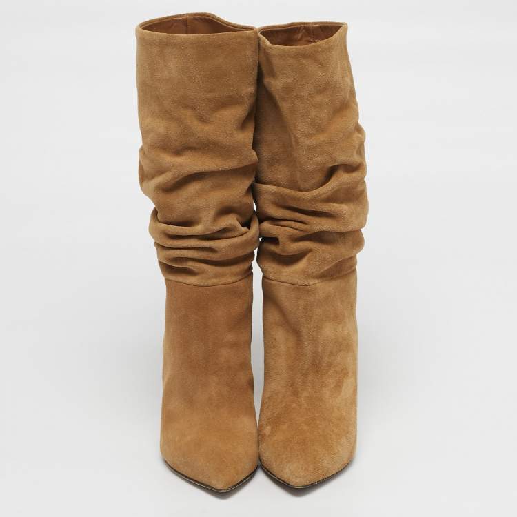 Pre Owned Paris Texas Slouchy Size 36 Beige Croc Embossed Leather and Suede Mid Calf Boots