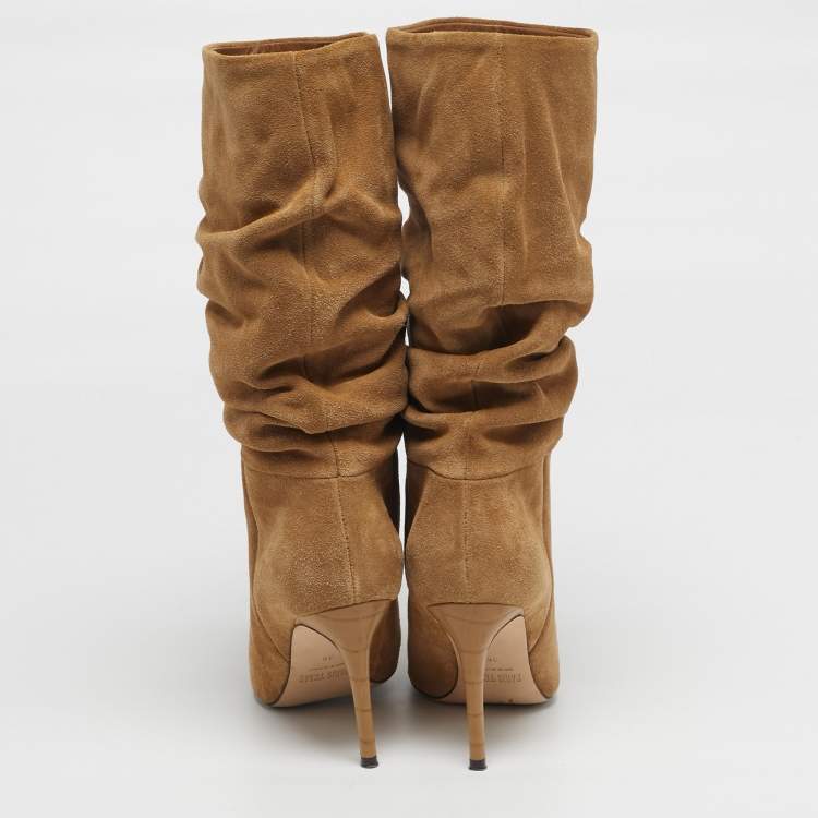 Pre Owned Paris Texas Slouchy Size 36 Beige Croc Embossed Leather and Suede Mid Calf Boots