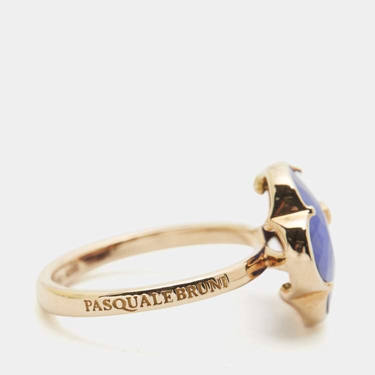 Pre Owned Pasquale Bruni Petit Joli Rock Crystal Lapis Lazuli Double 18k Rose Gold Ring Size 53
