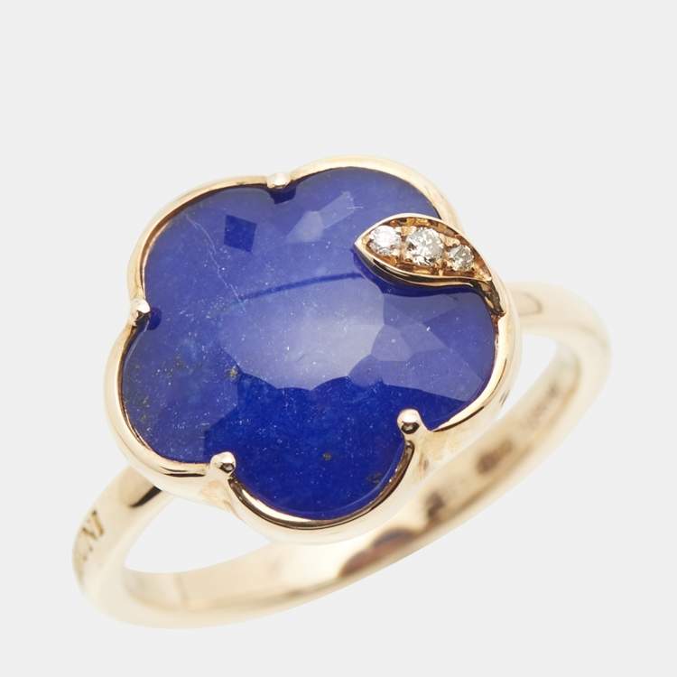Pre Owned Pasquale Bruni Petit Joli Rock Crystal Lapis Lazuli Double 18k Rose Gold Ring Size 53