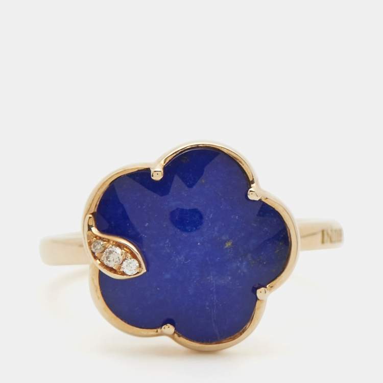 Pre Owned Pasquale Bruni Petit Joli Rock Crystal Lapis Lazuli Double 18k Rose Gold Ring Size 53