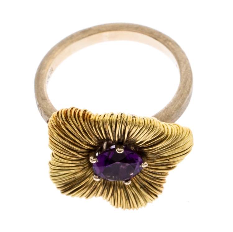 Pre Owned Pasquale Bruni Penelope Amethyst 18K Yellow Gold Flower Ring Size 53