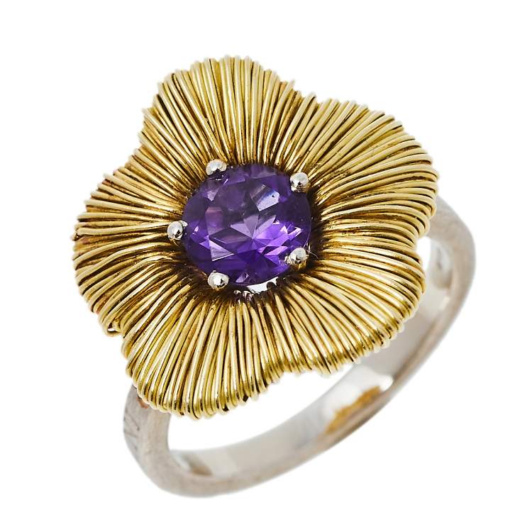 Pre Owned Pasquale Bruni Penelope Amethyst 18K Two Tone Gold Flower Ring Size 53