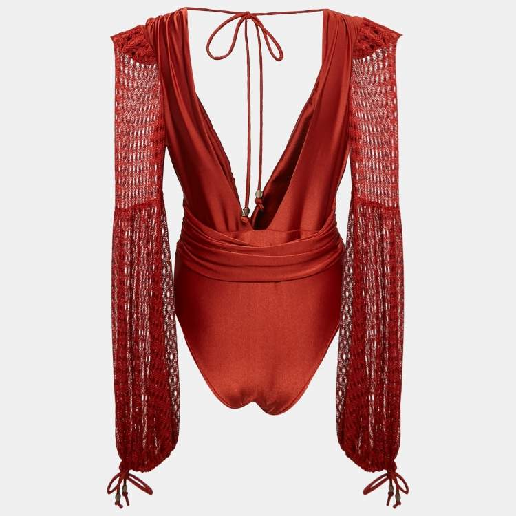 Pre Owned PATBO Brick Red Knit Netted Sleeve Detail Swimsuit L
