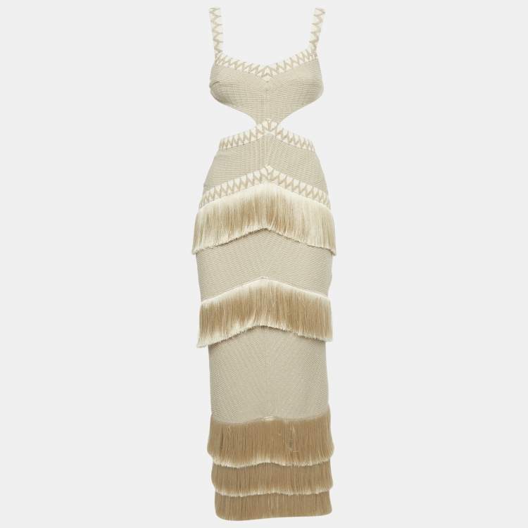 Pre Owned PATBO Beige Metallic Knit Fringe Detail Maxi Dress XS