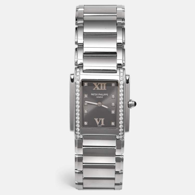 Pre Owned Patek Philippe Grey Stainless Steel Diamonds Twenty-4 4910/10A-010 Women's Wristwatch 25 mm