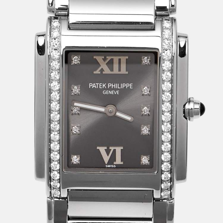Pre Owned Patek Philippe Grey Stainless Steel Diamonds Twenty-4 4910/10A-010 Women's Wristwatch 25 mm
