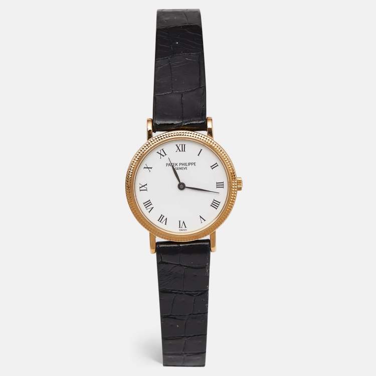 Pre Owned Patek Philippe White 18K Yellow Gold Alligator Leather Calatrava 4819 Women's Wristwatch 25 mm