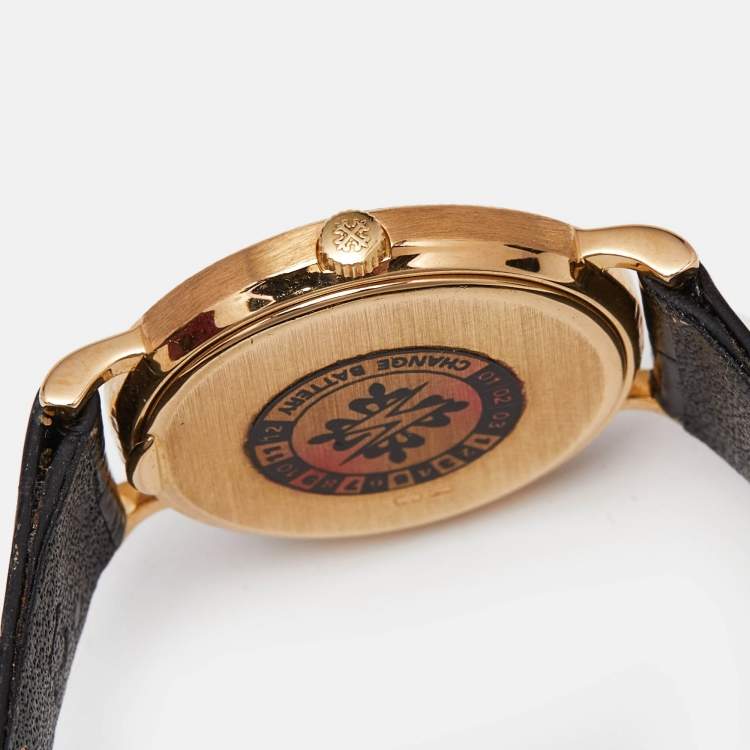 Pre Owned Patek Philippe White 18K Yellow Gold Alligator Leather Calatrava 4819 Women's Wristwatch 25 mm